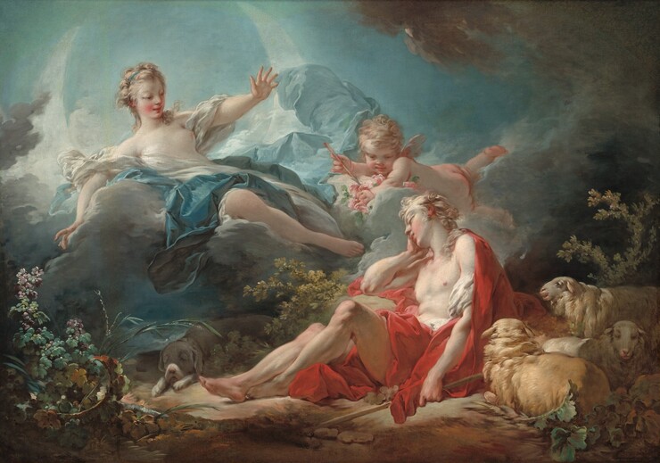 Close to us, a woman and a winged, child-like putto float on clouds above a clean-shaven young man in a forest setting in this horizontal painting. All three people have smooth, pale skin, rosy cheeks, and ash-blond hair. The man reclines with his torso propped so his feet extend along the rocky ground to our left. He rests his head in his right hand, farther from us, with that elbow resting on a rock. We look up onto the underside of his chin and delicate features. A scarlet-red robe falls from his shoulders and across his hips. One knee is propped up, and that foot is tucked behind his other ankle. His muscular torso, arms, and legs are bare. His left hand, closer to us, rests by his side and loosely holds a staff. Three tan-colored sheep with long faces lie or stand behind the man, in the lower right corner of the painting. A light gray hound dog with floppy ears sleeps with its drooping muzzle resting on its paws in the shadows at the man’s feet. The woman floats just above the man, reclining on a fog-gray cloud with her feet angled toward the man’s torso. Her curls are held back by a topaz-blue ribbon, and she looks down at the man, a faint smile on her lips. A loose white garment partially covered by a blue robe falls from her shoulders, leaving one breast and one leg bare. She reaches outward with her left hand, palm out, and the other hand rests down on the cloud alongside her. A sharply pointed, luminous crescent moon curves up to each side behind the cloud. The chubby, nude, baby-like putto nestles on his belly in a cloud between the man and woman. He has short, tousled hair, stubby wings, and his skin is flushed pink. An arrow held in one hand points toward the man, and the putto rests his other hand in a bunch of pink roses. Plants and flowers grow in patches on the ground around the man. The sky above is framed with steel-gray clouds against pale blue.