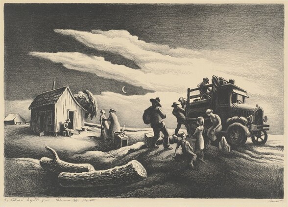 Printed with black and gray on cream-white paper, this horizontal lithograph shows nine people around or near a pickup truck to our right and a man sitting in front of a shed to our left under a moonlit sky. We are low to the ground, looking slightly up at the scene. Four men wearing hats load the back of the truck. The truck has a tractor-like cab with the windshield tilted out, lamp-like headlights, and the thin tires have spokes. A woman wearing a shin-length dress sits on the fender next to the door we can see, and she looks away toward the men to our left. A younger girl stands with arms crossed and young boy sits on the ground, both facing away from us, near the woman. Beyond the truck and to our left, an oil lamp sits on what might be a box or piece of furniture, next to a round basket. A person wearing a long garment, perhaps a coat, and a wide-brimmed hat faces away from us and seems to support a woman wearing a long dress, whose face turns up as she sways back. Another man sits next to an open door of the wooden shed to our left. A tree growing on the far side of the shed curves up over the sloping roof. A farmhouse sits on the horizon in the distance to our left. Two large, textured, sawn tree trunks lie on the ground close to us in the lower left corner. The land rises in low hills under the truck and shed. A crescent moon hangs in the dark sky above between two arms of clouds that sweep in from our right. On the paper under the printed image to the left, the artist inscribed the work: “To Patricia Syrett from Thomas H. Benton.” The artist also signed the work in the other lower corner, to the right: “Benton.”