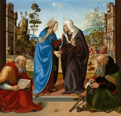 Two women stand clasping hands between two seated men, all against a deep landscape with hills and a town in this nearly square painting. Dozens of people are gathered in the town to our right, and several cluster in front of a building to our left. All the people have pale, peachy skin. Close to us, the two women both have translucent, plate-like halos. They stand with their bodies angled toward each other, and they look at each other. The woman to our left, Mary, has smooth skin with a delicate profile. She wears a gold-edged, ultramarine-blue robe lined with forest green over a long-sleeved, ruby-red dress. Sandaled toes peek under the hem. An eggshell-white and gold scarf drapes over her blond hair, which is pulled back, and over her shoulders. Leaning toward her companion, Mary gazes directly into the eyes of the older woman, Elizabeth. They clasp their right hands, and Mary touches Elizabeth’s shoulder. They stand close together, so only a sliver of the background landscape is visible between their cloaks. Elizabeth wears a maroon-red dress mostly covered by a wine-red cloak that wraps around her body. Her opaque, white scarf drapes over her head and ties loosely on her chest. Her free, left hand is raised, the palm facing Mary. The women stand on a slightly raised platform as the elderly men sit on either side, their bodies angled toward the women. Both men have faint, barely visible halos floating over their balding heads. They have fringes of gray hair and long, gray beards. Their foreheads are deeply lined with wrinkles, and they look down long, straight noses at their laps. To our left, the man wears a scarlet-red cloak over a harvest-yellow garment with gray sleeves. He hunches over a book in his lap. Three gold balls lie next to him, near Mary’s feet. On our right, the second man wears black, round spectacles perched on his nose. The hood of his black robe lies across his shoulders, over an olive-green cape. The cape has gold trim, and the underside is scarlet red. He writes on a narrow piece of parchment with a quill on a closed, blue-covered book. He braces the book and an ink pot with one hand, and a leather pouch hangs from a cord in that hand. At his feet lie an iron-colored bell, a wooden cane, and a brown book. A single sprig of garnet-red flowers lies on the stone floor between the two men. Beyond the four people, the sand-colored land dips down between the town to our right and the building to our left. Dozens of women holding babies struggle against men with swords on a platform in the town. Four people look on from windows above, and buildings continue into the distance along high, steep hills. One of the buildings there is topped by a cross, and the side of that structure is painted with a scene showing a kneeling, winged angel holding a white lily toward a woman dressed in green, who kneels and crosses her arms over her chest. To our left and deep in the shadow cast by a tall building there, a woman and several men gather and some kneel around a baby. Beyond, the land extends to body of vivid blue water, which leads back to a pale blue mountain in the deep distance. A few puffy clouds float across the sky above, which deepens from powder blue along the top edge to nearly white along the horizon.