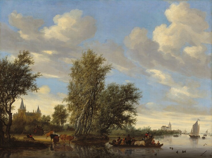 A river spans the lower edge of this horizontal landscape painting, and winds into the distance to our right, below towering white clouds in a blue sky above. The clouds sweep up and toward us from the low horizon line, which is about a quarter of the way up the canvas. Rowboats, sailboats, and ducks dot the river to our right.  The long, shallow ferry boat near the bottom center of the painting transports a pair of horses and a carriage, which is occupied by at least four seated people. More men, women, and a nursing woman fill the ferry around the carriage and animals. A herd of six cows stand at the water’s edge to the left, and two people sit nearby. Two more horse-drawn carriages filled with people head away from us. A church is visible in the middle distance through a break in the tall trees on the riverbank. Another church and buildings line the riverbank in the deep distance to our right.