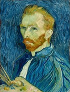 Shown from the chest up, a man with short, orange hair and green-tinted, pale skin looks at us, wearing a vivid blue painter's smock in this vertical portrait painting. His smock and the background are painted with long, mostly parallel strokes of cobalt, azure, and lapis blue. His shoulders are angled to our left, and he looks at us from the corners of his blue eyes. He has a long, slightly bumped nose, and his lips are closed within a full, rust-orange beard. He holds a palette and paintbrushes in his left hand, in the lower left corner of the canvas. The background is painted with long brushstrokes that follow the contours of his head and torso to create an aura-like effect.