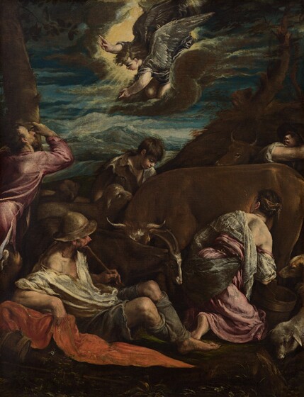 At the base of a steep, grassy hill, five shepherds kneel, sit, and recline around and among two cows, several sheep, a goat, and a dog in the lower half of this painting, while a winged angel appears in a golden shaft of light in the upper half of this vertical painting. All the people have pale skin. One brown cow spans most of the composition along the bottom, its head facing our left. In the lower left corner, closest to us, a man smoking a long pipe reclines against a tangerine-orange cloth. He wears a round, brimmed cap, a loose white shirt, tattered gray, knee-length pants, and gray cloth wrapped around his shins above bare feet. He leans on his right elbow and crosses his ankles, as he looks to our right in profile. Next to him, to our right, a woman kneels with her body angled away from us to our right. She bends over, perhaps to milk the cow in front of her with the pail sitting next to her, and she looks back to our left. Her chestnut-brown hair is pulled up and braided or coiled. Her rose-pink dress and the white blouse under it fall off her right shoulder. A slate-gray cloak or scarf wraps around her waist and we see the bottom of one bare foot. On the opposite side of the cow, near its head, a young boy angled to our right, with straight brown hair falling down to his eyebrows, looks down at the animal. Most of his face is in shadow but light catches the tip of his nose and the front of one cheek. To our right, along the edge of the painting, behind the rump of the cow and among the shadows, another young boy is seen from the chest up. He wears with a wide-brimmed, brown hat and reaches his right arm across his body as he looks to our left, toward the streak of light. The head of a second cow stands behind him, only the head visible. The steep, grassy hill rises sharply behind this group and cows.The fifth person leans into the scene from our left, above the reclining man on the orange cloth. He has short brown hair and beard, and a slightly hooked nose. Wearing a rose-pink garment, he looks up at the angel with his right hand shielding his face. A tree trunk rises along the left edge of the painting beyond that man. A dog, sheep, and a goat are tucked in and around the cows. Golden light pours down onto the man in pink from past the angel in the bank of clouds above. Against a night sky with navy-blue clouds, gold and white rays emanate from the parted clouds beyond the angel. Kneeling on a dark, fern-green cloud, the angel leans forward and down, and points down at the shepherd wearing pink with one hand and up with the other. The angel has silvery-gray wings and wears a gray robe. Blond curls lift as if in a breeze. In the landscape below, topaz and aquamarine-blue forms could be mountains or surging waves.