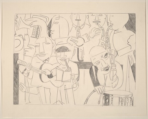 Eleven tightly grouped people, most playing musical instruments, fill this abstracted, horizontal composition, which is drawn with graphite on cream-white paper. The people’s facial features, including almond-shaped eyes, wide noses, lips, and round faces, as well as their hands and blocky bodies, are drawn simply with single lines and no shading. In the lower right corner, the man holds two drumsticks over a snare drum as he looks to our right with his lips parted. There is an oval-shaped patch of gray above his left eye, to our right, where his eye socket would be, and a single line straight across his forehead. To our left, one man stands playing a clarinet with an open book in front of him, and the musician next to him plays a guitar. Two triangles under the guitarist’s chin suggest a collar or bowtie. In a second row, above and presumably behind this front row, three people play saxophones in the upper right, and at least one more plays a horn in the upper left, facing our left in profile. Fragments of a few more faces and profiles are tucked among the group. A line around the scene creates the rectangle containing the musicians, and there is a wide margin of blank paper around the edge of the sheet. The artist signed the work in the upper left corner, within the margin, “Rom are bear den.”