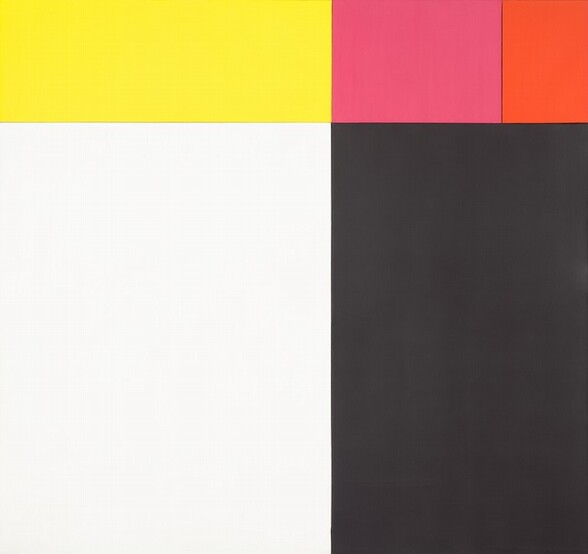 Five rectangles, each in a single, saturated hue of canary yellow, watermelon pink, blood orange, bright white, or ink black, fit together to make a nearly square abstract painting. In rectangles of descending sizes, the yellow, pink, and orange shapes create a band across the top of the composition. The bottom three-quarters of the composition is made up of the white and black vertical rectangles. The white form takes up two-thirds of the left side, and is topped by the yellow shape. The black rectangle is narrower, and it fills in the space below the pink and orange forms above.