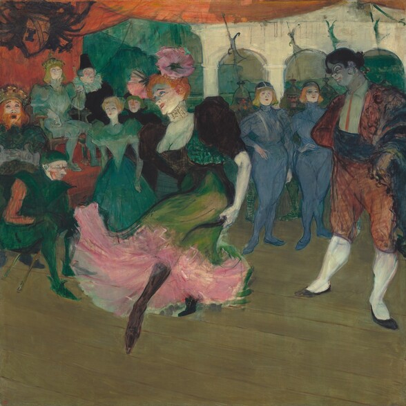 We look slightly down onto a stage, at a woman who dances at the center of this square painting. The pale, white skin on her face is tinged with slate-blue shadows and heightened noticeably with pink blush at the cheekbones. She wears crimson-red lipstick and her dark brown eyebrows are peaked over blue eyes. Two flaring pink flowers, each about the size of the woman’s face, are pinned in the woman’s flame-red hair. The black bodice of her dress has puffed, elbow-length sleeves and a low-cut square neckline. The lime-green skirt flares around her dancing feet to billow up and reveal layers of bubblegum pink underneath. Her body is angled to our left as she points her left, black-stockinged foot and holds her arms by her sides. Behind her, thirteen people dressed in sapphire-blue, ocean-green, and black costumes suggest a royal court, including a dark-haired man who wears a brick-red bolero style suit. He stands near the woman to our right, watching her dance.