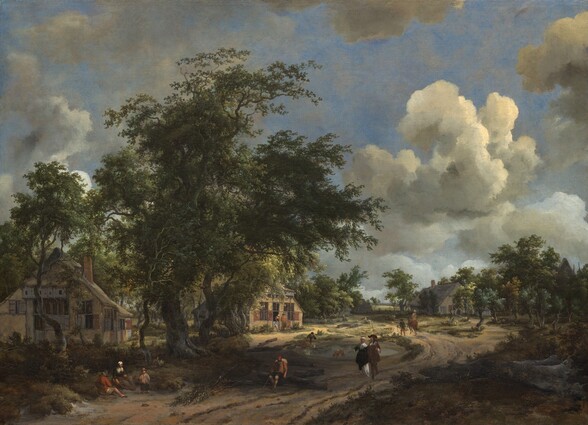 Several people sit, stand, or stroll along a dirt road that winds from the lower left corner of this horizontal landscape painting into the distance, past trees and cottages under a vivid blue sky. The horizon line comes about a third of the way up the canvas, and the cloud studded, azure-blue sky fills the space above. Sunlight filtered through puffy white and steel-gray clouds illuminates the scene from the upper right, creating patches of light and shadow throughout. The road meanders through the center of the composition and is lined with dark and sage-green shrubs, scrubby growth, and gnarled, crooked trees. Closest to us and to our left, two tan cottages are tucked into deep shade created by a grove of several tall trees. The cottages have steeply pitched roofs and windows flanked by gray or brick-red shutters. Three people sit and stand near the path outside the closest building. A short distance to our right, a man sitting on a fallen log carries walking stick and a bundle on his back. His body faces us but his head is turned to our right to gaze toward the man and woman about to stroll past him, headed in our direction. The woman wears a black dress over a white skirt, and a white head covering and shawl. The man wears a brimmed hat with a red decoration, a brown coat with gold buttons down the front and a wide white collar, and heeled shoes. Beyond them, the road curves to our left around a small pond in front of the second cottage. Two people crouch to set a toy sailboat afloat by the edge of the pond, and a brown dog sniffs the ground nearby. Two more people stand talking at the doorway to the second cottage and another dog leaps up at the half-door. Further along the road, the light becomes stronger, illuminating a horse, rider, and another person walking alongside the horse. The road continues to curve around a butter-yellow cottage nestled in a grove of trees on the right. A sunny field is visible in the far distance.