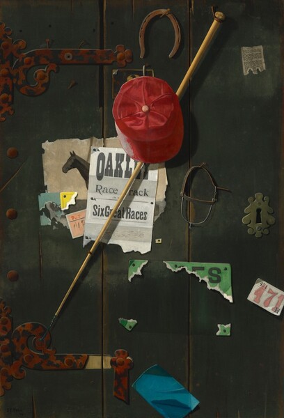 A red jockey’s cap, a riding crop, a horseshoe, a spur, and bits of posters and papers are tacked and pasted against a wooden forest-green door, which fills this vertical painting. At the midline about a third of the way down the composition, the crimson-red cap hangs from a loop on a nail so we look onto the button on the soft top and the rounded brim, below. It overlaps a long, tapered, stick-like riding crop, which angles from the upper right corner to the lower left of the composition. The crop has a shallow knob at its top, and it hangs from a leather strap around another nail driven into the door. Immediately above the red cap is a slightly misshapen horseshoe, the left side of the upside-down U flaring out a little. To the lower right of the cap, the leather straps and metal spur hang from another nail. The cap and crop hang over several pieces of overlapping paper affixed or tacked to the door. The front-most poster has black text printed against a white background. “OAKLEY” appears in all caps across the top like a headline. In smaller letters below it reads, “Race Track” and then “Six Great Races.” Horizontal lines beneath that suggest more text, but it is illegible. The bottom of the poster is ripped, creating an irregular edge. The poster overlaps and mostly obscures a picture of a dark horse against a parchment-brown background. Corners and bits of yellow paper or board, sky-blue fragments, and a peach-colored ticket with the numbers “762” and “112” are affixed around and under the poster. Just beneath and to our right of these overlapping papers, nails pin the four corners of a kelly-green sign that has otherwise been ripped away, the white torn edge showing against the green paper. The black letter “S” is printed in the upper right. The wood door that creates the background for these objects is worn, especially along the vertical edges of the boards. The wood is cracked and split in some areas, and a few bent, rusty nails are partially driven into the wood. Two scrolling hinges to our left are mottled with rust brown and black. Each hinge ends in a three-lobed clover shape. The bottom hinge is broken about two-thirds of the way across the arm, so the end hangs down from the nail in the clover. A keyhole near the right edge of the composition is surrounded by a gold-colored plate. An illegible scrap of a newspaper column is pasted to the door near the top right corner of the composition, and two pieces of paper seem to be tucked into the edge of the painting. A ticket with the numbers “471” printed in large red numerals and again in smaller black numbers, and the letter “H” is tucked into the right edge, near the four corners of the green poster. Finally, the corner of a folded and wrinkled piece of sapphire-blue paper, perhaps an envelope, is tucked in at the bottom center.