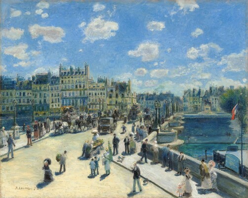 We look down on a few dozen people walking along the sidewalks of a wide, sunlit bridge in this almost square painting. The scene is loosely painted, which gives it a hazy, sun-dappled look and makes some details indistinct. The people wear black, white, light blue, or pale green jackets and pants or long dresses as they walk in all directions. Some wear hats, and a few women carry parasols. The bridge opens into a wide boulevard close to us, as the sidewalks angle into the lower corners of the composition. Several horse-drawn carriages move across the bridge alongside the people. The deck of the oyster-white bridge is lined with black gas lamps. The river beneath shimmers with lapis and turquoise blue. The far side is packed with four and five-story buildings, which are mostly tan with rows of windows painted as blue rectangles. The rooflines bristle with chimneys. Another structure or boat sits on the water near the lower right corner of the painting, and a flag with vertical bands of red, white, and blue flies from a flagpole there. Opposite the flag, on the far bank, is a statue of a man on a horse, both on a tall plinth. The horizon comes about halfway up the composition, and the azure-blue sky above is dotted with puffy white clouds tinged with dove gray and mauve. The artist signed and dated the lower left, “A. Renoir. 72.”