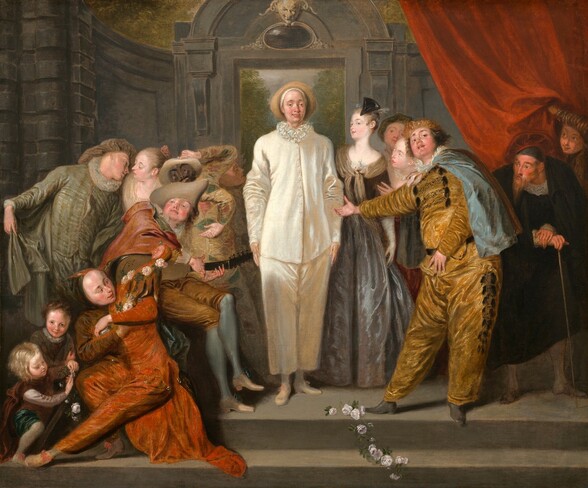 A man wearing loose, ivory-white clothing stands flanked by two groups of people in this horizontal painting. All the people have pale or peachy skin except for one person, who may have a brown mask. The man in the center, representing the character Pierrot, stands facing us with his hands by his sides. He has slightly bulging eyes, a bulbous nose, ruddy cheeks, and his full pink lips slightly smile. He wears a straw hat pushed back on his high forehead and a narrow ruffled collar around his neck. His shirt has long, voluminous sleeves and a row of small white buttons down the front. The pants are baggy and end abruptly above his white-stockinged ankles over white slippers. The fabric seems to have a sheen. In the shallow space behind him, a stone wall curves toward us to either side of a doorway that leads to a park-like setting. A crimson-red curtain is pulled to our right. Pierrot stands on the top of two steps, and the people to either side are arranged along the stage or the step that runs close to the bottom edge of the canvas. A spray of white flowers drapes down the front of the steps to our right of center. The group to our left has eight men, women, and children. Closest to us and in the lower left corner, a young man wearing a tomato-red jester’s costume trimmed with bells sits on the steps as he twists and looks back at the scene behind him. He holds a scepter or puppet in the shape of a doll-like jester. Two children gather at his feet. One weaves stems of white flowers together, and the other looks at us, smiling. Just above them another cleanshaven young man sits holding a lute in his lap. He wears a brick-red coat, brown breeches, and slate-blue stockings over crossed legs. He leans back and looks up and to our left, his round cheeks flushed. At the back of this group, two people wear tan-colored costumes covered in muted green and pink diamond shapes, and one might wear a brown mask. That person’s pink lips, black mustache and eyebrows, and black dots for eyes appear painted onto a hard, molded surface. The group of six people to our right stand on the same level as Pierrot. At the front of that group, a heavyset young man wears a gold-colored costume trimmed with black and a waist-length, Wedgewood-blue cape. He faces us but looks to our right as he leans back with one arm extended toward Pierrot. Beyond him are two woman and another person shown only from the neck up. The woman closest to Pierrot wears a pewter-gray gown with a scooped neckline. To the right of the man in gold is an old man with a long beard, wearing a black skullcap and cloak. He leans on a short staff and turns his head to look at the group. The last person on the far right is shown from the neck up and stands before the red curtain hanging from the upper right.