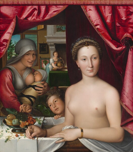 Red satin drapes are drawn back to either side of this vertical painting to reveal a nude woman with pale, white skin sitting upright in a narrow bathtub. The woman occupies the right half of the painting. To our left, another woman nursing a swaddled baby and a child, all also with pale skin, gather near the tub. The bathing woman’s body is angled slightly to our left but she looks into the distance to our right. She has a straight nose, small pink lips, dark eyes, and smooth skin. Her brown hair is pulled up under a jeweled cap, and she wears pearl earrings, a gold bracelet on each wrist, and a gold ring with a pink stone on her left pinky finger. She holds a carnation with her right hand, on our left. The inside of the tub is draped with white fabric, which folds over the sides. A bowl of fruit and flowers are scattered on what must be a board spanning the tub, which is also covered with a white cloth. From the far side of the tub, the child reaches for the fruit. The woman nursing the baby has one breast exposed but is otherwise fully dressed in a garment with red sleeves and a white cap. The woman has a prominent nose, and she smiles as she looks at us from the corners of her eyes. The room behind these women has fireplace with an ornate mantel and windows open to a landscape to our left. A picture showing a unicorn resting in front of a tree and a dark mirror hangs on the wall between the fireplace and windows. At a table placed in front of the fireplace, a third light-skinned woman leans over and lifts a jug.