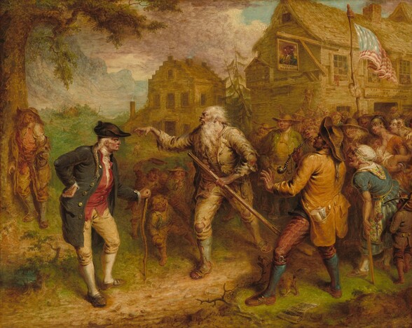 In front of a crowd of at least two dozen people, an old man with a long white beard and hair, wearing tattered clothing, points with a crooked finger toward another man in this horizontal painting. All the people have pale, peachy skin except one man with light brown skin at the front of the crowd, to our right. The men in the painting wear waistcoats or jackets, with pants that buckle at the knee over stockings. At the center of the painting, the white hair of the oldest man, Rip van Van Winkle, flies back from his balding head as he looks to our left with bulging eyes. He has a bulb-like nose and his mouth is open. He holds the long barrel of a rifle with one hand and points to our left with gnarled fingers with the other. His shirt, jacket, and pants are all parchment white, with gaping holes in the elbows and knees. One calf is covered in a tattered, sky-blue stocking and the other leg is bare. All ten toes poke out of worn, buckled shoes. Rip Van Winkle points and looks wildly at the man standing nearby, to our left. That man’s cheeks and hooked nose are flushed red. Facing our right in profile, he glowers at Rip Van Winkle under lowered brows, and his pink lips turn downward at the corner we can see. A white braid falls over the shoulder closer to us, and he plants the back of that hand on his hip. His other hand rests on a wooden cane. He wears a tricorn hat and a navy-blue jacket with large, silver buttons over a rose-red vest and white shirt. A gold object, perhaps a pocket watch fob, hangs at his hip over straw-yellow pants. A third man, to our right, looks on with one hand raised, palm facing out. He holds a long, silver pipe in his other hand. He has brown skin, a pointed nose, full, pink lips, and bulging eyes. A rolled-up paper is tucked into a pocket of his honey-brown jacket, and he wears brick-red pants with teal-blue stockings. The bottom edge of the paper reads, “seventy-six.” Another partially unfurled scroll at his feet reads, “ELECTION RIGHTS OF CITIZENS LIBERTY BUNKER’S HILL.” A man leans against a tree beyond this trio, to our left. To our right, a dense crowd of dozens of men, women, and children, painted more loosely and with more exaggerated facial features, are clustered before a tan-colored house with a stepped roof and a two-story inn. The latter has a sign hanging from the eave with a portrait of a man with white hair, wearing a military uniform. The sign is labeled beneath with “GENERAL WASHINGTON.” People look on from the upstairs windows. An American flag with thirteen stars flutters from a flagpole, which a boy climbs. A sign over the door reads, “THE UNION HOTEL BY JONATHAN DOODITTLE.” Another sign, partially cropped by the right edge of the painting, reads, “ELECTIO RIGHT OF CITIZ.” Lilac-purple clouds billow up over aquamarine-blue hills in the distance, against a blue sky. The artist signed and dated the painting as if he had inscribed a rock near the lower center, “J. Quidor, N.Y. 189,” the next to last number obscured.