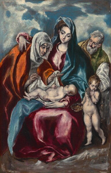 A young woman sitting with a nude infant lying in her lap is flanked on either side by an older woman to our left and an elderly man with a nude young boy to our right in this vertical painting. They all have pale skin tinged with blue. At the center, the young woman, Mary, is draped in a cobalt-blue mantle that partially covers her head and falls to her shoulders to wrap around a dusky rose-pink gown. The mantle is pushed back from one side of her head, revealing dark brown hair. Her right arm embraces the shoulders of the old woman standing next to her, to our left, who leans toward Mary. A tangerine-orange cloak wraps around the older woman and her hair is covered by a white cowl. Both women have long faces and noses with deep set eyes under thick arched brows, and they gaze down at the infant. The mostly bald, pudgy baby lies across a white piece of fabric, two corners of which are held up by the older woman. Another young boy stands alongside Mary to our right. He faces us, holding a basket or glass bowl containing oval-shaped caramel-brown objects the size of figs in one hand. His elongated head is crowned with tawny brown hair, and his face turns away from the infant to gaze off to our right. One finger of his left hand, on our right, rests alongside his rose-red lips. The elderly man stands behind him, leaning over Mary’s shoulder to look at the older woman. We see him from the waist up with a golden-yellow cloak layered over an olive-green vest, and the arm we see is clad in a white sleeve. The group takes up most of the height of the composition and are crowded together against an azure-blue sky swirling with thin gray and white clouds. The scene is painted largely with long strokes of saturated color. The dark gray ground below is painted with sketchy strokes of white, blue, and pink.