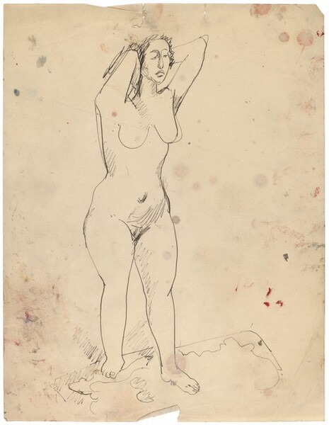 Female Nude Standing on Carpet, Hands Behind Head