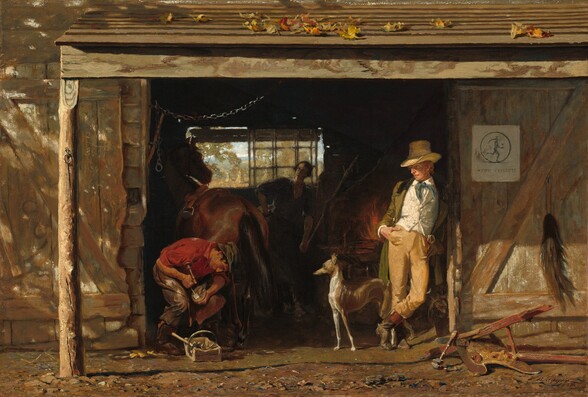 Two men, a dog, and a horse gather at the wide opening to a barn-like building that fills this horizontal painting. A light-skinned, blond man in a tall, brimmed, straw hat leans with his ankles crossed and hands in pockets against the right side of the opening. His body faces us and he turns his gaze toward the man to our left, whose face is in profile. The blond man's knee-length, olive-green jacket has black lapels, and it hangs open to reveal a close-fitting, ivory-white vest over a white shirt with a sea-blue tie. His brown, calf-high boots have a band of brick red around the top. A slender, brown and white grayhound stands facing our left in profile with its front legs stiffly straight and its hindquarters pressing against the man’s right leg. The tanned, dark-haired man near the jamb to our left bends over to work on the underside of a horse’s hoof, which he holds between his knees with his left hand. He wears a loose red shirt with an open collar and rolled-up sleeves, over wrinkled brown pants. Short black locks emerge under the edges of his olive-green cap. A wooden box of tools, with a handle for carrying, sits on the dirt ground in front of him. The horse being shod, overlapped by the workman, faces into the barn and to our left, but its head, turning to our right, is silhouetted against a landscape visible through an open window at the back of the barn. The view is dotted with haystacks and framed by tree branches. A stirrup hangs on a strap flung over a saddle on the back of the horse, whose rump stands between the laborer and a woman, who is deep in shadow. Placing her right hand, on our left, on her hip, she appears in front of the grids of window panes. She seems to have pale skin and dark, loosely bound-up hair, and she looks toward the horse. Red flames flicker in a fireplace between her and the standing blond man. The front opening of the structure is protected by a shallow wooden portico, supported on the left by a slender, trimmed tree trunk with a ring hanging from a screw near the top. Curling red and yellow leaves are scattered on the long, narrow, wooden boards that form the porch roof. Sunlight dapples the barn wall to our left, and a square patch of light falls on the face of the wall to our right, near the ground. A broken plow lies on the ground to our right, with the wooden handle of a tool propped against it. A tuft of long dark hair, like a horse’s tail, hangs on the wall over the tools. Closer to the head of the standing man, a poster is printed with black on white paper. A running man carrying an hourglass and a scythe is enclosed in a thin circle, over the words, “STOP THEIF!!!” in capital letters, though “thief” is misspelled.