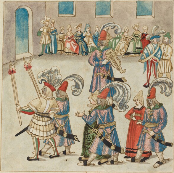 Two Dancing Couples Led by Torch-bearing Knights