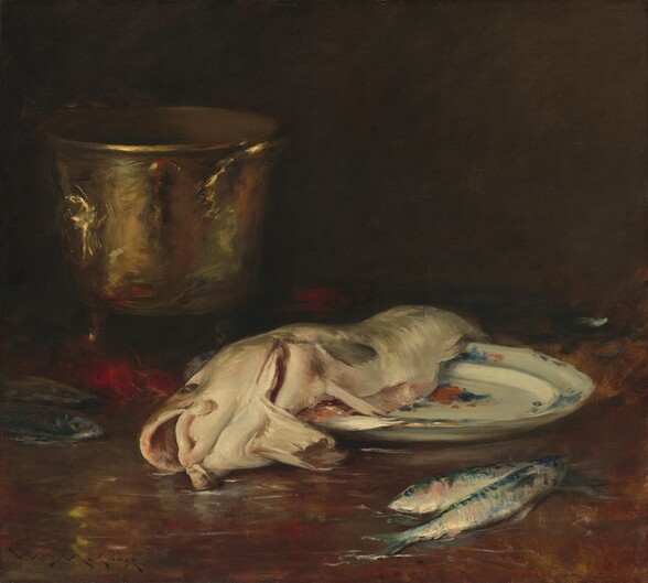 A white-skinned fish, sliced open along its belly, lies across a porcelain plate next to a brass-colored vessel in this nearly square still-life painting. The scene is loosely painted with visible brushstrokes throughout. The objects are lit from our left, and the earth-brown background is in deep shadow. At the center of the composition, the fish’s head and tail flop off the white plate, which is painted with orange and blue flowers. Four smaller, silvery fish lie in two pairs on the brown, possibly wood tabletop. One pair is near the lower right corner of the canvas, and the other is to the left of the white fish’s gaping mouth. Touches of red on the tabletop are reflected in the brass pot, which stands on short legs and has two shallow handles at the upper rim. A heavily painted area on the pot could be an ornament, like a lion’s head in relief, but details are difficult to make out. The artist signed the work in wide, sprawling letters in the lower left corner, “WM M. Chase.”