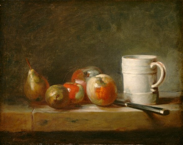 Three apples and two pears sit next to a knife and a luminous, white mug on a tan, stone surface before a muted, olive-green background in this horizontal still life painting. The objects and background are painted with blended strokes, giving the painting a soft, glowing appearance. At the center of the ledge or table, the apples are dappled with candy red and pale yellow. Two golden and moss-green pears are to our left, one upright and the other lying with its stem coming toward us. The fruit is painted with white highlights from a light source to our left. The cream-white mug sits next to the apples to our right. The mug has straight sides, a low band near the top and bottom, and the handle curves out to our right. Between the apples and mug, the black handle of a knife angles to our right, off the edge of the table. Shadows are painted in brick red on the surface of the table, which extends off both sides of the canvas. There is a vertical seam in the table under the upright pear.