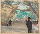 At least three men in black suits, one wearing a top hat, and a ballerina wearing a white costume, all stand among a theater set with a painted, partially raised backdrop across the background in this nearly square pastel over a monotype print on paper. The scene is loosely drawn so many details are difficult to make out. The man we see the most of is shown from the ankles up, standing near the lower right corner of the composition. He faces away from us with his hands in his pockets. The ballerina stands facing our right next to him, and she is cut off by the right edge of the composition. She has pale skin and dark hair, and a black ribbon is tied around her neck. She wears a knee-length white tutu with a crimson-red sash tied around the waist of the white bodice. One pink leg raised parallel to the ground disappears behind the man in black. The stage beneath them is streaked with sand brown and pale gray. A tree trunk and branches leans into the scene from the upper right corner. Part of a stage set painted with mostly straw yellow with touches of mint green screens off the view to our left. Two sets of black suit pants show that a pair of men stand behind it, facing the back of the stage. One of them rests his hand on a cane. The backdrop across the back is painted with greenery below a blue sky. In a gap between the lower edge of the backdrop and the stage, about ten pairs of legs, clad either in pink stockings with white shoes or brown stockings with yellow shoes, are visible from the thighs down. One more pair of black, trouser-covered legs stand with feet planted at hip width, to our right. The artist signed the work in black letters near the lower left corner, “Degas.”