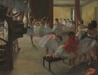 A dimly lit ballet studio is filled with about two dozen young ballerinas tying on their shoes, stretching, or practicing en pointe in this horizontal painting. The girls all wear dance costumes with knee length tutus, tight bodices, and belts in canary yellow, rose pink, royal blue. The girls all have brown or dark blond hair. The room seems to be mostly lit from windows on the wall opposite us so some of the girls’ faces are in shadow, but all appear to have light skin. Starting from the left, two dancers are visible from the waist down as they descend a spiral staircase that rises along the left edge of the canvas and off the top. To our left of center is a knot of several dancers, two of whom stand on their toes en pointe, with arms raised. Further right and closest to us, four dancers cluster around a mahogany brown bench. Rose pink ballet slippers are piled next to a seated dancer wearing a scarlet red jacket over her costume. Her head is turned to our right to talk with the girl standing next to her. On the other side of the bench, another dancer bends over to reach her feet, presumably tying on her slippers. The fourth stands on the far right with her back to us, her head turned to our left to look back at the central group. More dancers practice in a room beyond, seen through a wide, squared opening in the upper right of the composition. The room we seem to be in has dark olive green walls and the room beyond has brighter, parchment yellow walls. The faces and some details of the costume are loosely painted so their features are indistinct. The artist signed the painting in the lower right corner, “Degas.” 