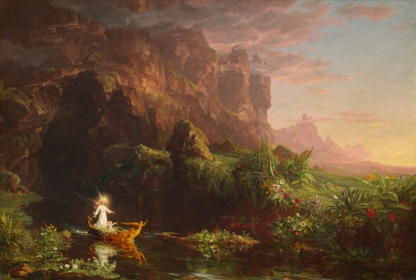 Near a verdant riverbank against soaring, hazy cliffs, a nude, chubby baby sits in a golden boat on a bed of pink and white flowers in this horizontal painting. A winged angel wearing a white robe with a glowing starburst hovering overhead stands behind the child with one hand resting on the tiller of the boat. The angel and child both have pale skin and blond hair. The baby holds up handfuls of flowers and looks forward. The bow of the boat is angled to our right as it glides along the glassy surface of the river. The boat seems to be made of or carved to look like a mass of gold, winged angels clustered to make the vessel. They reach toward a single angel thrust forward from the bow, like a masthead, who holds up an hourglass. The boat has just emerged from a dark cave at the base of rocky, rose-pink cliffs that reach off the top left edge of the canvas. The jagged peaks become pale pink as they march into the distance. A spit of the lush riverbank fills the lower left corner of the composition; it and the far bank are dotted with white waterlilies and a profusion of yellow, blue, pink, purple, and red flowers. Celery and moss-green growth carpets the boulders on either side the cave mouth and the ground stretching beyond the riverbank. The growth becomes mauve-purple as it recedes to the horizon, which comes a third of the way up the composition and is lit by a golden glow. Petal-pink and gray clouds float among the cliff-tops against an otherwise pale blue sky. The artist dated and signed the lower left, “1842 T. Cole Rome.”