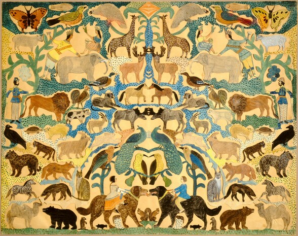 Dozens of animals and eight people are arranged in a pattern resembling a family tree, so each side is mostly a mirror image of the other in this nearly square work made of watercolor and cut paper. The areas between the people and animals has been cut away so the manila-yellow paper behind shows through. The people have pale or tan-colored skin. The animals and birds face each other along the center axis, and some of the areas between the animals are filled in with vines or areas of topaz blue, teal green, off white, or butter yellow, speckled with dark dashes or polka dots. A band of green along the bottom reads as a grass ground, across which are arranged mirrored pairs of hump-backed camels, bears, groundhogs, and squirrels. At the center, a woman wearing a long tangerine-orange skirt riding a large brown dog faces a man wearing an aquamarine-blue shirt and cream-white pants riding astride a black dog. Up along the axis are pairs of peacocks, caribou, horses, stags, and giraffes. To either side are zebras, cats, foxes, cheetahs, goats, birds, lions, turtles, butterflies, and other animals. A pair of men in military uniforms face inward from the center to the left and right sides. Near the top, a woman and man stand or sit astride an elephant to either side. The people here have light brown skin and wear feathered headdresses.