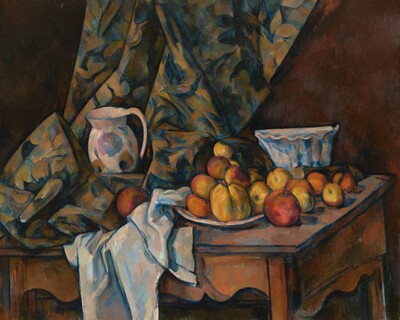 About a dozen rust-orange and golden yellow apples and peaches are arranged on a white plate next to white and floral-patterned cloths nestled around a white pitcher and bowl, all on a wood tabletop that tilts toward us in this nearly square still life painting. A curtain patterned with royal blue, olive green, and beige falls along or near the back wall of the room and rests on the table to our left. The white pitcher is painted loosely with the suggestion of harvest-gold and pale lilac-purple flowers, and it sits amid the pooling folds of the curtain to our left. The white tablecloth is bunched under and next to it to our right, at the middle of the composition. The fruit is arranged on and around a white plate next to the tablecloth. A tall bowl with fluted sides and a ruffled, scalloped rim sits behind the fruit, near the right edge of the table. The curving skirt of the table reaches nearly to the bottom edge of the canvas. All the objects in the painting are outlined with dark blue and the shadows are painted with patches of spruce and cobalt blue.