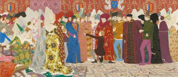Dozens of people, all with pale peach skin, cluster tightly beyond a person kneeling at the center of this horizontal painting. The composition is filled from edge to edge with colorful patterns in the clothing, a wall-covering in the background, an area rug, and the tile floor, creating a collage-like effect. The men wear floor-length robes or tunics and stockings, and most wear hats or turbans. The women wear long, high-waisted dresses and tall, cone-shaped hats with veils or fabric draped from the peaks. Their garments are patterned in tones of burgundy, rust, and crimson red, forest and spring green, marigold orange, lemon and golden yellow, rose pink, and azure blue. The person kneeling at the center has chin-length blond hair, and wears a black, long-sleeved tunic, pointed black shoes, and gray stockings. That person faces our left in profile and raises a straight right arm to shoulder height, palm down and fingers extended, toward a standing man wearing a royal-blue robe to our left. Pale yellow, mauve-pink, and white flowers are strewn on the tiled floor in front of the crowd.
