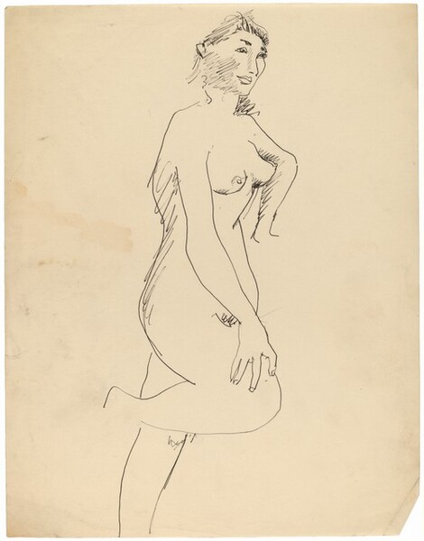 Standing Female Nude, Right Knee and Left Arm Bent, Three-quarters View to Right