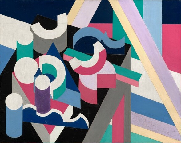 Cylindrical, C-shaped, and triangular forms are painted with flat areas of vivid pink, purple, navy, royal, and light blue, turquoise, white, black, and gray in this abstract, horizontal painting. A rectangular form, jutting into the picture from the lower left corner, suggests a table, on which the shapes are stacked. The table has square, gray legs and a black top surface. The inner surface of the one leg we can see is carnation pink. The objects on top are painted with precise, well-defined edges. Each form is made of two colors: one for a top surface, and another for the side surfaces. For instance, one cylinder, near the lower left corner of the composition, is sky blue up the side, and white on the top surface. Another cylinder nearby also has a white top, but the side is violet. A Pacman-shaped object near the back, right corner of the table is pale, shell pink on the top surface and flamingo pink on the sides. Where the objects are white, the weave of the canvas is visible. Where the objects are painted, the colors are applied thickly, with visible brushstrokes and texture. Some pencil lines are visible as well, demarcating the edges of some objects. The background behind the table has stripes angling slightly down to the right in bands of white, navy, denim blue, and turquoise. Vertical bands near the upper right corner read as an abstracted column, in shades of turquoise and light blue. A triangular form with one band of pale purple and another of light yellow stretches across the background behind the table.