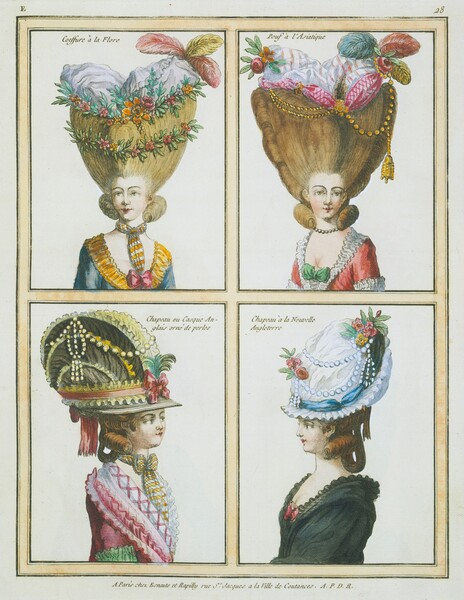Four illustrations, stacked two by two, show women’s heads, shoulders, and towering, elaborate hairdos in these colored prints. The pale-skinned women all have large eyes under penciled brows, flushed cheeks, delicate chins, and their bow-shaped lips are painted dark pink. The top left picture is titled “Coeffure à la Flore,” and it shows a woman whose blond hair has been teased into a soaring, flaring V shape. Garlands of flowers span the coiffure across the middle and top, which is filled with crinkled white fabric and festooned with three pink and yellow feathers. Thick curls come around the sides of the woman’s neck. Her low-cut bodice is azure blue lined with marigold yellow around the neckline. In the top right, “Pouf à l’Asiatique” shows a woman with similarly tall hair flaring into an improbable V. A gold chain and pendant hangs across the top and down one side. The white fabric here is striped with pale pink and lined with darker magenta. Flowers and feathers are at the upper corners. Thick curls also hug her neck, and the woman’s red dress is lined with a white ruffle and green bow at the deep cleavage. The bottom two women wear tall hats, presumably over similarly teased hair. They face inward toward each other, so we see them mostly in profile. The hat on the woman to our left, titled “Chapeau ou Casque Anglais orné de perles, curves up and away from the woman’s forehead like a dark gray nautilus shell over copper-colored hair. Pearls drape from the white ruffles along the tops and ridges along the side we see. A pink bow holds a yellow ruffle in place just over the short brim, and another pink ribbon hangs down the back of the hat. The woman wears a pink and white dress lined with yet more ruffles, and a yellow and white scarf is tied in a bow around her neck. Finally, “Chapeau à Nouvelle Angleterre” is a white confection also draped with pearls and set with pink and yellow flowers. A topaz-blue ribbon cinches the hat over the ruffled brim. The woman wears black but keeps the ruffled neckline. Each woman is shown against a white background, and the black-outlined frames are separated with bands of dark cream white. An inscription under the bottom pair of portraits reads, “A Paris Esnauts et Rapilly rue St. Jacques à la ville de Coutances. A.P.D.R.”