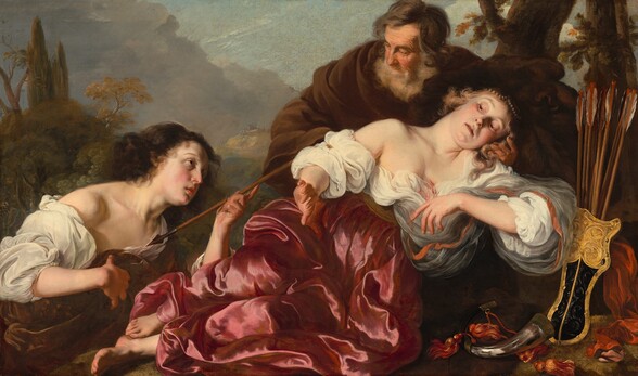 Set in a mountainous landscape, a curvy, robust woman wounded with a short slash across her chest reclines into the arms of an older, bearded man as second, cleanshaven man, at the lower left corner, holds an arrow tip to his own chest in this horizontal painting. The people have pale, peachy skin but the older man has a more tan complexion. The reclining woman at the center of the composition, Dorinda, lies back with her left cheek pressed against that shoulder. Her left elbow, on our right, is propped up at shoulder height, perhaps on a rock, and she holds up her other arm alongside her body, her palm facing out at the younger man in the lower left, Silvio. A string of pearls sits like a crown on Dorinda’s blond, curling hair. The skin of her face is pale but her eyelids and cheeks are deeply flushed. She looks down along her body toward Silvio with dark eyes, and her slack lips are parted. Her flowing white blouse falls off her shoulders and bunches up across her chest, almost covering the bleeding wound on the center of her chest. Her wine-red skirt glints in the light, suggesting it is silk, and is bunched up around her bare feet. Silvio has flowing dark brown hair and pointed features. He is shown from the waist up, leaning toward and looking up at the wounded woman. His hair falls loosely over his shoulders, and his pink lips are parted. He holds a brown wrap over a blousy white shirt with his right hand, closer to us, and holds up the point of an arrow to his chest with the other hand. The older man, to our right, has a wiry gray beard and ash-gray hair curling around his ears. Wrinkles line his forehead, the corners of his eyes, and the sides of his mouth. His dark brown robe nearly swallows his body. He looks down toward Silvio as he supports Dorinda. A gold and black quiver of arrows and a silver, crescent-shaped horn with red tassels sit near the lower right corner, near Dorinda’s elbow. A tree grows right behind the man. The rest of the mountainous landscape is hazy in the deep distance.