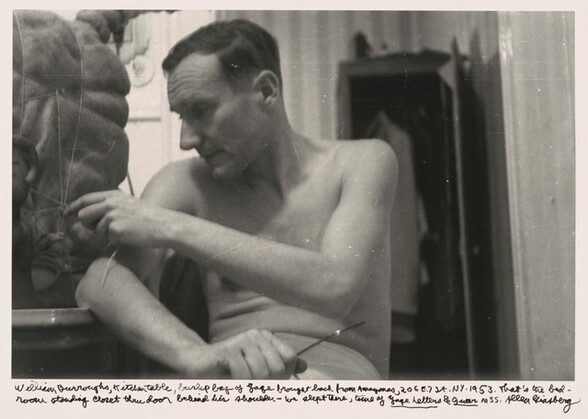 William Burroughs, kitchen table, burlap bag of Yage brought back from Amazonas, 206 E. 7 St. NY. 1953. That