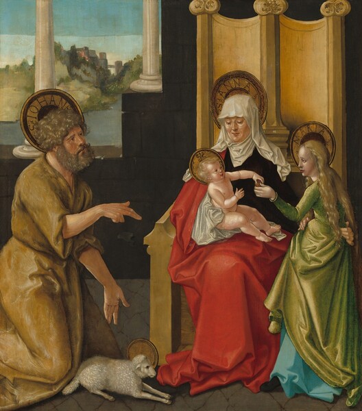 An older woman sitting in a tall, wooden, throne-like chair, holding a seated baby in her lap, is flanked by a bearded man to our left and a young girl to our right in this vertical painting. All the people have pale or rosy skin and flat, plate-like halos, three of which are inscribed with names. The bearded man’s halo reads, “S IOHANE.” The older woman’s is “S ANNA,” and the young girl’s reads, “MARIA.” The throne takes up the right half of the composition. The face of the older woman, Saint Anne, is deeply creased, and she has jowls along her jawline and bags under her eyes. With a smile, she looks down at the baby in her lap. She wears a dark brown robe with a cream-white wimple that covers her hair and neck and cascades down her shoulders. A long, scarlet-red cloak drapes from her right shoulder, to our left, and across her lap. With that arm, she supports the seated baby, Jesus. The chubby baby is nude except for a silvery-white cloth gathered around his hips, and he faces our right, looking at the young woman there, Mary. He holds one hand up by his chest and, with the other, reaches for and grips a small, dark red apple Mary holds. Both Jesus and Mary have blond hair, rounded cheeks and jawlines, and full, rose-red lips. Mary’s long, wavy hair falls loosely to her waist. She holds out the apple with one hand and, with the other, picks up the skirt of her moss-green dress to reveal a powder-blue skirt beneath. One of Saint Anne’s large hands wraps around Mary’s lower back. The bearded man, Saint John, kneels on the other side of the throne, facing Mary. He looks at her with dark eyes under a gathered brow. Wrinkles line his cheeks, forehead, and the corners of his eyes. He points with his right hand, closer to us, at Jesus and gestures down at a white lamb, also with a halo, at his knees with the other. He has a cap of light brown, curly hair and a full beard. He wears a mustard-brown robe rolled back to the elbows. Behind the chair, a black wall has two steps down to span the background behind Saint John’s head. There is a white column on each step, and a landscape beyond has a river, trees, and a town nestled on craggy cliffs in the distance. The sky above is pale blue. With tiny letters, the artist signed the painting with his initials intertwined, “HBG,” on the throne between Saint Anne and Mary.