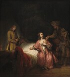 A pale-skinned woman sits in a pool of light against a deeply shadowed background in the bottom half of this vertical painting. She sits in the center of the composition, in a heavy wooden armchair next to a bed, which is flanked by two men. The woman wears a rose-pink, fur-trimmed robe draped over a white chemise. A pearl necklace and gold bracelets gleam at her throat and wrists, and her chestnut-brown hair is partially pulled up while curls fall to her shoulders. She looks to her left, our right, at a shadowy bearded man. He wears a turban wrapped in a gold chain, a cloak patterned with shades of bronze, olive green, and rust red, and a sword hangs from his belt. He stands facing our left, stooping slightly to rest his right arm, farther from us, on her chair, and his hand brushes her shoulder. The woman's mouth is open and brow furrowed as she points to the bed with her right hand, to our left. Her other hand holds up the loose neckline of her chemise to cover her chest. The bed is angled slightly away from us, to our left. It is covered with white linens and a mustard-yellow coverlet. A burgundy-red cloth or garment is draped over a bedpost at the foot of the bed. A younger man stands on the far side of the bed with his body angled to our right. He wears an olive-green tunic. A broad, scarlet-red sash is tied around his waist, and a bunch of keys hangs from it. Shoulder-length, light brown hair frames his face. His head tilts slightly to our right, and his hands are clasped at the waist, holding what looks like a black cap. A faint light him behind him creates a soft halo around his body. The top half of the painting is swallowed in deep shadow. The artist signed and dated the painting in the lower right, “Rembrandt. f. 1655.”