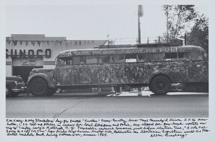 Allen Ginsberg, Ken Kesey—Merry Pranksters’ day-glo painted “Further” cross-country bus Neal Cassady’d driven S.F. to Manhattan, L.S.D. cool-aid pitcher in icebox for local hitchhikers and Police, here stopped for gas lunch upstate on trip to Timothy Leary’s Millbrook n.y. psychedelic research commune just before election time, “A Vote For Barry Is A Vote for Fun” logo painted large across bustop side, Goldwater the libertarian Republican would-be Presidential candidate Hawk during Vietnam War, summer 1964., 1964, printed 19951964, printed 1995