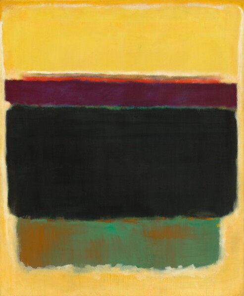 Rectangles and bands of saturated colors are stacked agasint a golden yellow field in this abstract, vertical painting. About a quarter of the way down the composition a thin strip of vibrant orange rests on a thicker, wider band of deep plum purple, which almost spans the width of the canvas. Just below and as wide as the purple band, the largest, velvety black rectangle takes up at least a third of the composition. A narrower rectangular area below was painted with copper green over rusty orange. The edges of all of the forms are soft and blended.