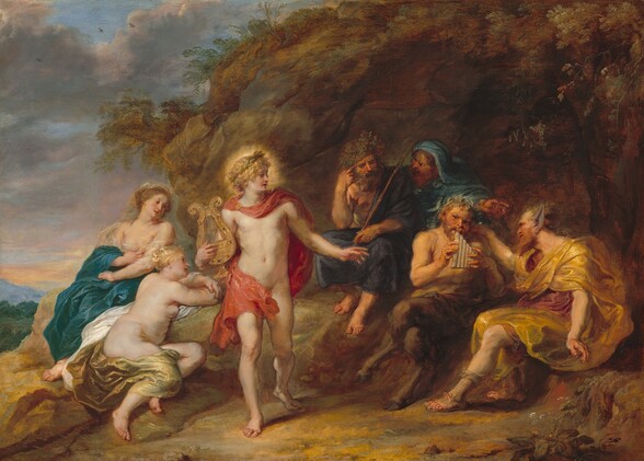 Two women, four men, and a satyr, a creature with a man’s body and hairy goat’s legs, gather in a wooded landscape in this horizontal painting. All the people have light skin. At the center of the group, to our left of center, a young, cleanshaven man balances on the ball of one foot as he strides toward us. He turns his head to his left so he faces our right in profile, and he looks off in that direction. He wears a ring of laurel leaves in his blond curls and his lips are parted. He holds a jeweled, golden stringed instrument, a lyre, in the crook of his right arm, on our left. He lifts his opposite hand to gesture toward the men to our right. He is nude except for a coral red cloak fastened with a gold clasp at his neck. The cloak billows around his muscular body and one bottom corner curls across his hip to cover his groin. Two our left, two women sit on a rocky outcropping. The woman to our left holds a sapphire blue robe to her chest. Her golden brown hair is pulled back and she looks toward the young man. The second woman sits with her body facing away from us, her arms resting on the rock in front of her. Her nude back faces us and she has a soft, rounded belly. A white cloth and light sage-green cloak pools around her hips and lies across one thigh. To our right, behind the young man holding a lyre, two bearded men sit on a rock with their bodies angled toward each other. The man to our left wears a leafy crown and holds a wooden staff. The second man wears a topaz-blue hood and robe, and turns to speak to his neighbor as he points in the opposite direction. Closer to us, near the right edge of the painting, the satyr plays a set of pan pipes. The man sitting next to him has tall, pointed, ass’s ears and a pointed, red beard. He wears a shimmering butter yellow cloak over a brick red tunic, and he rests one hand on the satyr’s shoulder. The entire group is enclosed by tall, tawny brown rocks and leafy, sage-green trees. In the upper left corner, lilac-purple clouds float across a pale blue sky. The scene is painted with swirling brushstrokes that are especially visible in the clothing and background.