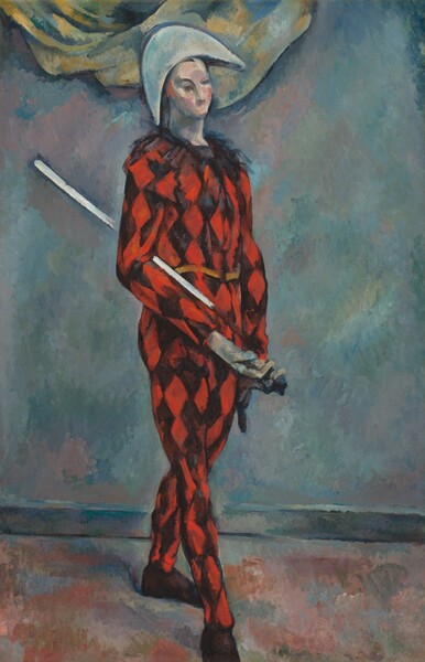A cleanshaven man wearing a black and red diamond-patterned costume and holding a white wooden sword tucked under one arm stands in a room with a blue background in this vertical painting. The scene is loosely painted with visible brushstrokes that make patches of mottled color. The man stands with his body angled to our right and seems to look down in that direction, though the dark eyes are loosely painted. His right eyebrow, closer to us, is a dark, curving arch. Touches of pink suggest rosy cheeks, and only a subtle swipe of pink suggests a mouth, which appears to be missing when seeing this work from afar. An arctic-blue cap curves widely down over the ears like an upside-down crescent moon. Some transparent swipes of black could be a lace or feather collar around the costume’s neckline. The hand we see, near the end of the sword, is oversized and painted in tones of fog blue and beige. The right foot steps in front of the left. He wears black shoes, and the toes are turned out. The wall behind the man is dappled with spruce blue, laurel green, and some touches of pinkish tan. A darker baseboard separates the wall from the floor below, which is made with patches of sky blue, rust red, pale pink, and olive green. The swag of a curtain, in shades of goldenrod yellow and muted teal blue, hangs on the wall behind the person’s head.