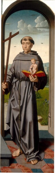 A pale-skinned man wearing a gray monk’s robe stands holding a wooden cross in one hand and a book and a baby in the other in this tall, narrow, vertical painting. The man is under a rounded arch in front of a deep landscape. His body faces us but he looks down and to our left with brown eyes under curved brows. He is clean-shaven, and his dark hair is cut into a ring around his head. The dark gray robe falls to his bare feet and is tied with a rope around his middle. The book he holds in his left hand, to our right, is open, the gold edges of the pages shiny against the vivid red binding. A small nude baby sits upright on the open book, hands together in prayer. The child has blond hair and thin limbs. The man stands on a pink and blue tiled floor near a gray step. Just beyond the dark gray stone arch is a cluster of royal blue iris. A grassy lawn extends to a body of water, a white tower tucked among trees, and distant blue hills under a pale blue sky.