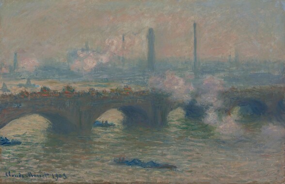 We look across a river at a bridge that spans the center of this horizontal landscape, which is painted entirely with broad, visible brushstrokes in muted blue, pink, and brown. The straight deck of the bridge crosses the center of the composition but angles slightly away from us as it moves to our right. The four low arches of the bridge are ash brown on their face, and their curved undersides are cobalt blue. Marigold-orange and teal-blue marks on the deck above suggest traffic, and shell-pink smoke or steam billows over our side of the bridge. Three long, narrow forms in the water between and in front of the bridge pilings suggest boats. The sky above is painted loosely with icy blue and pale peach around the slate-blue silhouettes of buildings and smokestacks lining the far bank. The artist signed and dated the painting in the lower left corner: “Claude Monet 1903.”