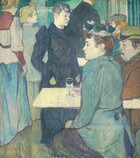 Seven people with cream-white skin crowd together, sitting at or standing among tables in an interior space in this vertical painting. The composition is dominated by shades of blue and pale green. On the right side and closest to us, a woman sits opposite a man at a butter-yellow table, both facing our left in profile. The table extends in from the right, almost halfway up the canvas. The pair are shown from the knees up and span most of the height of the painting. The woman wears a long, teal-blue jacket over a peanut-brown skirt and a frilled cap topped with a pine-green bow. The man wears an olive-green bowler and cinnamon-brown coat, and rests one arm on the table. Two glasses sit on the table in front of them. In the center of the painting, a woman wearing a long, black coat stands on the far side of the table, her head nearly reaching the top edge of the composition. Her body is angled slightly to our right and she gazes off in that direction. Beyond her is another table with two men partly obscured by the couple in front of us. One sitting at the table has flame-red hair topped with a round cap, and a portion of his aqua and peacock-blue striped jacket is visible. Near him, another person in a dark garment with a high collar stands with their back to us, most of the head cropped by the top edge. Along the left side, two women stand one behind the other with their backs to us. The woman closest to us looks away, wearing a short, parchment-white jacket over an aquamarine-blue skirt. The jacket is belted at the waist and the collar, upper back, and long cuffs are rust red. The woman beyond her turns her head to our right in profile, and wears a light blue jacket and pale green skirt. The features and clothing of each person in the scene is outlined in charcoal gray. The artist signed the painting in the upper right corner, “HTLautrec,” with the H, T, and L interlocking to make a monogram.