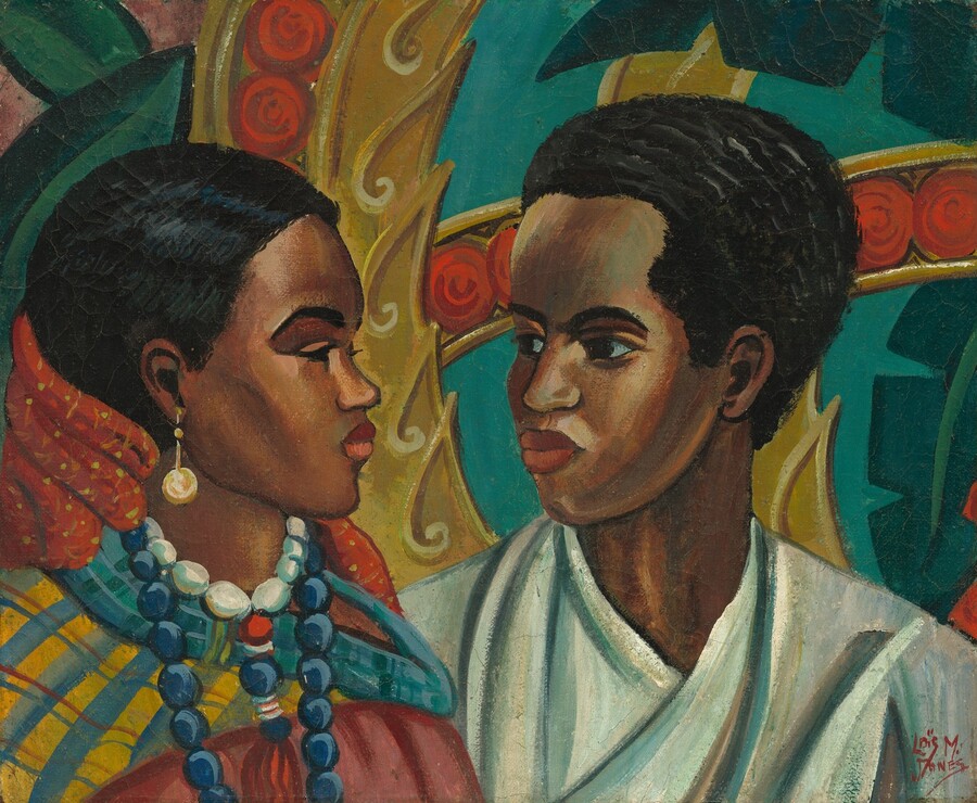 Shown from the shoulders up, a woman and man, both with brown skin, look at each other in this horizontal portrait painting. Their bodies are angled toward each other and both have black hair, dark eyebrows, and full, coral-red lips. To our left, the woman faces our right in profile. She has a delicate nose and high cheekbones. Her eyes are painted with black lashes over black eyes, without the white of the eye. A gold disk earring hangs from the ear we can see, and she wears white and royal-blue beads in two necklaces. Her hair is combed or styled close to her head, and a swath of brick-red fabric, flecked with golden yellow, wraps around the back of her neck. A scarf with butter-yellow, denim-blue, and red stripes in a plaid pattern is draped across her shoulders, over a rose-pink garment. To our right, the man’s face is angled toward the woman but we see both eyes and the far cheek. His hair is closely cropped and he has a rounded nose, curving brows, and full cheeks. The shadows and folds of his white garment are painted with streaks of teal blue. The background behind the pair is patterned with bands and geometric designs of mustard yellow, scarlet red, and teal, with some stylized leaves in emerald and forest green. The artist signed the work in red paint in the lower right corner, “Lois M. Jones.”