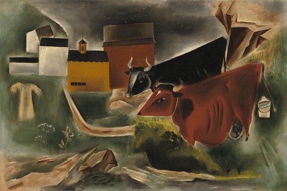 Two cows stand side-by-side to our right with a path leading to a row of buildings in the distance to our left in this dreamlike, stylized landscape painting. The forms are simplified, angular, and blocky, and seem to be overlapping, though most of the shapes painted with blended strokes. To our right, a black cow stands beyond a brown cow, both facing our left in profile. The heads are triangular and come to exaggerated points under curving horns, and the ribs of the cow closer to us are painted with curving black lines down the body. Their legs also taper to exaggeratedly pointed, tiny hooves. A milk jug sits to our right, behind them. The row of five buildings to our left are created with blocks of white, golden yellow, brick red, and black. A sprig of leaves and a lacy white flower grow to our left on the row of oatmeal-brown rocks jutting up along the bottom edge of the composition. An abstracted shirt-like form floats to our left against the background of teal green that covers the bottom two-thirds of the painting. The area above the buildings is painted with a field of silvery charcoal gray. The artist signed and dated the painting with tiny letters under the brown cow: Y. Kuniyoshi 23.