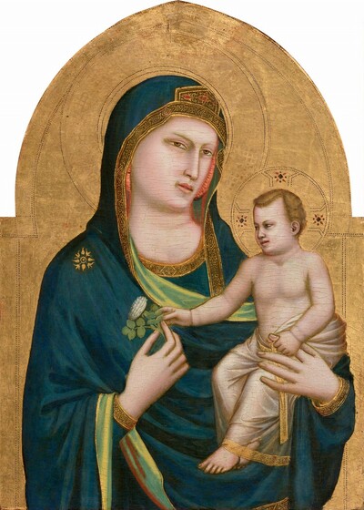 A woman with pale skin holds a baby in the crook of her left arm, on our right, against a gold background in this vertical, arched wooden panel. The woman is shown from the waist up with her body angled slightly to our right. She wears a dark blue mantle that drapes over her head and shoulders, and across her body. The garment has a gold border and celery-green lining where it turns over at her wrists and chest. There is a gold starburst-like symbol on her right shoulder, our left, and she holds a stylized rose with her right hand. The baby is nude except for a translucent white cloth, also edged with a gold border, wrapped around his waist and legs. His face and body look more like a small man than a baby, but there are baby-like rolls at his wrists. He has blond wavy hair. He grips the woman's forefinger on the hand that holds his body, and he reaches for the rose she holds with his other hand. The gold background is punched to create halos around their heads and decorative bands along the inner edge of the curving, arched top.