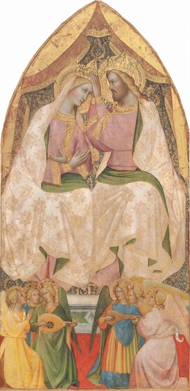 A man and woman sit above six winged angels in this vertical panel painting, which comes to a pointed arch at the top. They all have pale skin tinged with gray, rosy cheeks, blond hair, and gold halos. The woman, Mary, and man, Jesus, sit with their knees angled toward each other, and they fill the top two-thirds of the arch. The space behind them is hung with fabric that is ocean blue inside and brick red on the outside, and both sides are edged and patterned with gold. Mary and Jesus wear shell-pink robes trimmed with gold under very pale pink, almost white, mantles that drape from their heads to cover much of their bodies. The mantles are patterned with straw-yellow, delicate, leafy, geometric designs, and they are lined with moss green. Jesus wears a three-pointed gold crown and his hands are raised to place a similar crown on the woman’s head. Mary tilts her head to receive the crown with her wrists crossed over her chest. Their feet rest on a step leading down to the bottom quarter of the composition. The step has a white stone tread and is inset with green and pink stone within white molding on the riser. In front of the step, six angels are in two groups of three on a scarlet-red floor. The angels are about a quarter the height Mary and Jesus would be if they stood. The angels wear robes in shades of goldenrod yellow, fern green, azure blue, or pale pink, and their wings match their robes. One angel in each trio plays a lute-like wooden instrument. Most of the angels’ lips are parted but two look up at Mary and Jesus with lips closed.