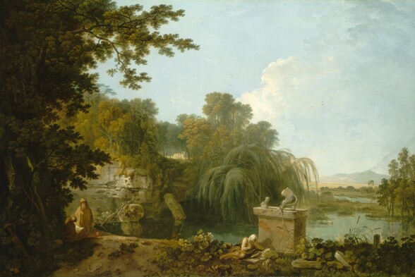The partial ruins of a stone lion on a tall pedestal stands at the edge of a body of water in a verdant green landscape in this horizontal painting. The lion statue is broken so only the back half of the body and one front paw remain. The animal’s tail winds through the back legs, and the front paw rests on a ball. The pedestal is chipped and cracked, and some of the surface on the front is worn away to show brick underneath. A pale-skinned man lies on the ground with one elbow propped on the base of the pedestal. His chest is bare. A white cloth drapes over his head, hiding much of his face, and a pale yellow cloth lies across his hips. He holds in other hand to his chest and looks down at a book propped on a rock. A wooden cross, about the length of the man’s torso, also rests against the rock. Grasses and plants cover the ground around the man. A bank of deeply shaded trees rises up the left side of the canvas. Another person sits and one more stands at the foot of the trees, both wearing tan-colored robes. The seated person has short hair and bare feet. He looks down on the open pages of a book in his lap. The standing man has a long white beard, a hooded robe, and a walking stick. The waterline curves in a sharp C to our right, from behind the lion statue to near the trees. On the far side is a low arched entrance, perhaps to a grotto. The heavy branches of a willow tree bow over the water’s surface and leafy vines hang down a rocky cliff nearby. The water winds into the distance to our right, back toward a line of trees and bushes. In the deep distance, smoke wafts out the top of a mountain, presumably a volcano. White puffy clouds float against a pale blue sky above.