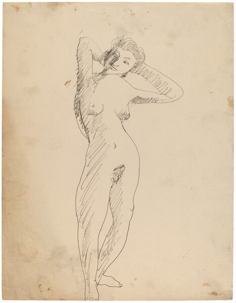 Standing Female Nude in Contraposto Stance with Hands Behind Head