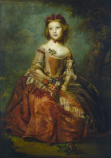A young girl wearing a rust-red dress with a tight bodice and full, voluminous skirt sits in a hazy, garden-like setting in this vertical portrait painting. Her skin is pale with a greenish cast, but her cheeks are slightly flushed. Her body faces us but her head turns as she looks off to our left with dark eyes. She has faint brows, high cheekbones, a pointed chin, and her thin lips are parted. Her blond hair falls down the sides of her face, and she wears a brick-red bow across the top of her head. A second bow, the same color, is tied under her chin. Her dress is off the shoulders and cut low across her chest. The bodice, neckline, and half-length sleeves are lined with lace, and a sprig with forest-green leaves is tucked into the neckline. She holds a bouquet of red, pink, blue, and white flowers in her lap with both hands. The pointed tip of one gold shoe peeks out from under the hem of her skirt. The background around her is painted with blended tones of teal, aquamarine, and steel blue. A tree grows up along the right edge, and the dark canopy curves over her head, in the upper right corner. One rose lies in deep shadow near her feet.