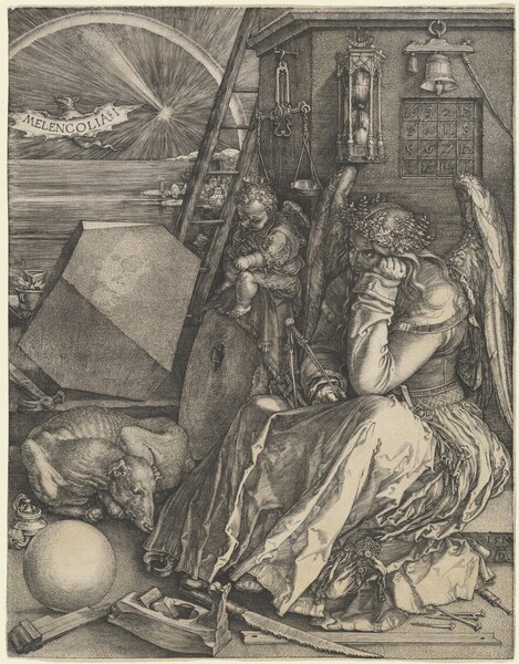 Created with fine black lines printed on an ivory-white paper, a winged woman sits with her head in one hand, surrounded by tools, a dog, and a baby-like, winged putto perched on a millstone, all in front of a distant landscape with a still body of water under an arched rainbow in this vertical engraving. Filling the lower right quadrant of the composition, the winged woman, Melencolia, sits with her body angled to our left, and she looks in that direction from under furrowed brows. Lit from our right, her face is cast in shadow, but she has a straight nose and her lips are closed. She wears a ring of leaves over hair that falls in waves over her shoulders. Wings curve up from her back, and she wears a long-sleeved dress with a tight bodice and a voluminous, pleated skirt. She rests her chin on one tightly closed fist. The other arm rests on a book in her lap, and she holds one of the two legs of a tall compass in that hand. Several keys hang on a ribbon looped onto her belt, and they nestle into the deep folds of her skirt. Around her feet are a purse cinched closed, several nails, the metal tip of a bellows, a saw, a plane, the end of a pair of pincers, an ink pot, a molder’s form for baseboards, and a round sphere about the size of a basketball. The dog lies in a tight circle to our left of Melencolia’s feet, its chin resting across its paws. The dog’s ribs show through the short fur of its hide. Next to the dog, the millstone leans against the building that fills the right half of the composition. The millstone is round and flat, is about the height of the woman's torso, and a hole is cut from its center. A chubby child sits atop the stone. It has short, curly hair, stubby wings, a loose robe, and it draws on a tablet propped on its lap. Beyond the child, a wooden ladder leans against the building, and a pair of scales hangs above his head. On the face of the building, hanging over Melencolia’s head, is an hourglass with the sand about halfway spent and a magic square, which is a grid of four rows and four columns. The numbers in the grid read, from left to right, 16, 3, 2, 13 in the top row; an upside down 5, a 10, 11, and 8 in the second row; a backward 9, a 6, 7, and 12 in the third row; and a 4, 15, 14, and 1 in the bottom row. A bell hangs from a ring above this grid. On the step beyond the sleeping dog and millstone, another large stone is carved into flat planes to create an irregular, geometric, rhomboid form about as tall as the millstone. A hammer lies in front of the rhomboid, and beyond it is a melting pot sitting among tongues of flame in a mug-like cup. In the upper left quadrant of the composition, a placid body of water leads back to a distant town and small boats, beneath a starburst that fills the sky. An arched rainbow crosses the sky over a rat-like bat with its sharp teeth and tongue showing. It holds a banner reading “MELENCOLIA I.” The artist signed and dated the engraving as if he had carved into the front face of the step on which Melencolia sits, near the lower right corner: “1514 AD,” with the uppercase D nestled between the long legs of the wide, uppercase A.