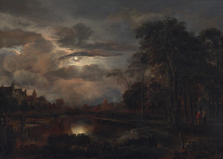 In almost complete darkness, we stand outdoors near reeds and grasses lining a river spanned by narrow, arched, stone bridge ahead of us in this moonlit, horizontal landscape painting. The horizon line comes about a third of the way up the painting, just over the footbridge, and the sky is filled with clouds that glow blush pink, flint gray, and lavender. The small, porcelain white moon casts an opalescent gleam on the water under the arch of the bridge. Barely visible in the gloom, a walking path lined by a fence in the lower right corner leads to a copse of tall trees to our right. Closer inspection reveals a man wearing crimson red and a woman wearing pine green standing together near the gate of a walled enclosure beyond the trees.  Moonlight glints on their white collars and cuffs, and on the gold buttons and embroidery on their clothing. Spires and buildings with stepped rooflines along the riverbank are outlined against the illuminated sky, though details are swallowed in shadow.